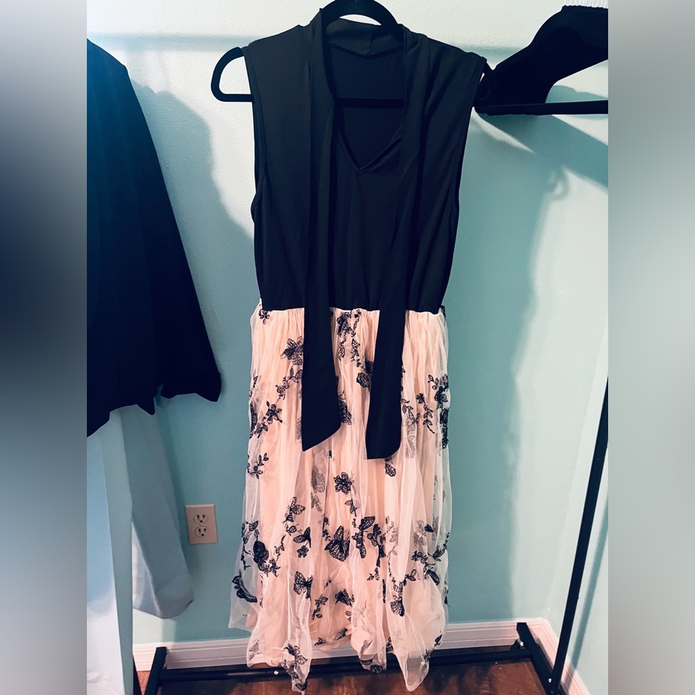 Black and pink taffeta dress with butterflies